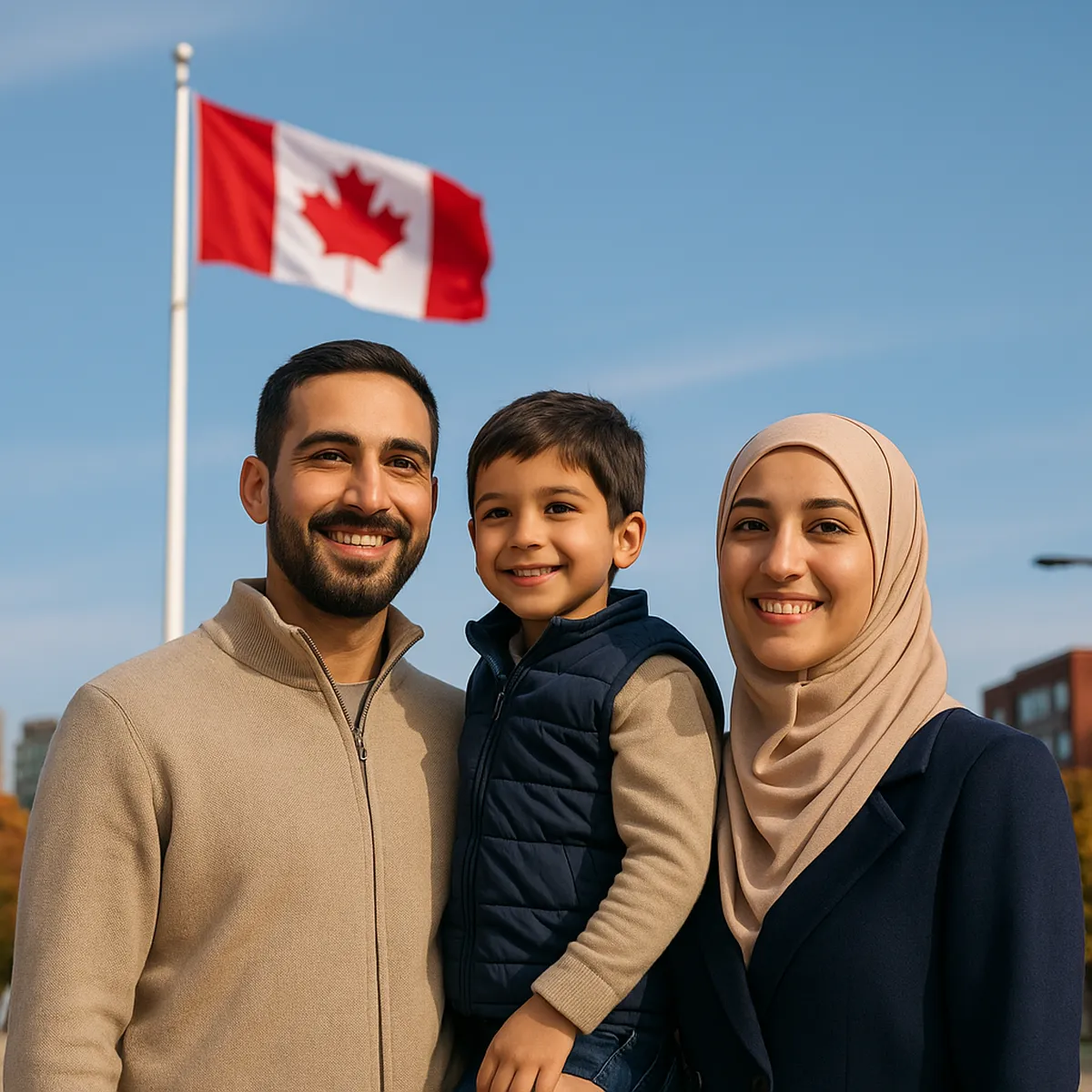 عائلة مسلمة في كندا تقف أمام علم كندا، تمثل الاندماج والحياة اليومية للمسلمين. العيش في كندا للمسلمين .. الحجاب في كندا