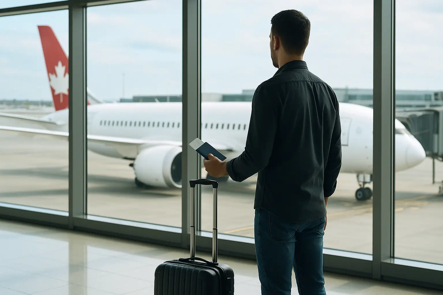مسافر يقف داخل مطار دولي ينظر إلى طائرة تحمل علم كندا، في لقطة تعبّر عن افضل طريقة للسفر الى كندا.
