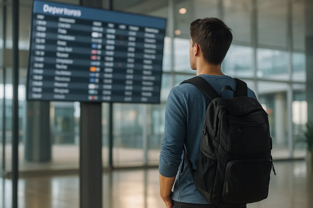 شاب يقف أمام لوحة المغادرين في مطار عالمي أثناء التخطيط للسفر إلى إحدى الدول التي تمنح فيزا البحث عن عمل.