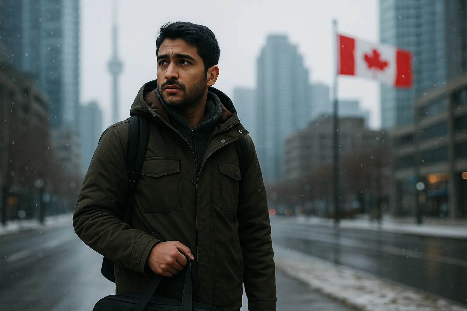 مهاجر يقف في شارع كندي بارد يحمل حقيبة سفر، يعبر عن تحديات الهجرة والاندماج في كندا. وعيوب الهجرة إلى كندا