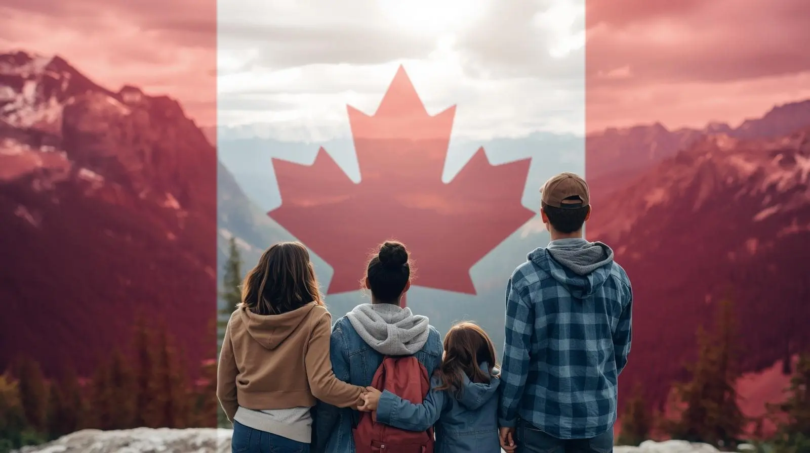 عائلة سعيدة تنظر إلى علم كندا مع خلفية طبيعية تمثل فرص الهجرة والعمل في كندا