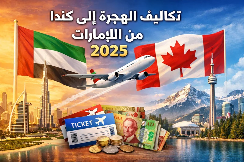 رسم توضيحي لعملية الهجرة إلى كندا من الإمارات، يظهر طائرة، جوازات سفر، أوراق رسمية، وعملات كندية، يعكس التكاليف والإجراءات المالية للهجرة. تعبيرا عن تكاليف الهجرة إلى كندا من الإمارات