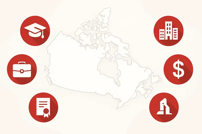 تصميم يوضح خريطة كندا محاطة بأيقونات تمثل برامج الهجرة إلى كندا مثل الدراسة والعمل وترشيح المقاطعات.