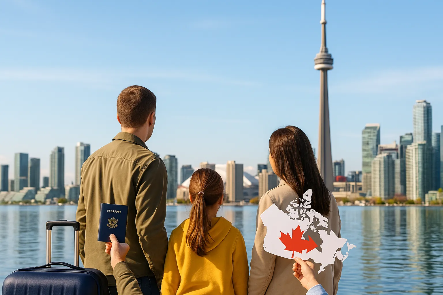مشهد يعبّر عن شروط الهجرة الى كندا، مع شخصين يحملان جواز سفر وحقيبة سفر أمام مدينة كندية، في سياق يوضح تعدد برامج الهجرة واختيار المسار المناسب.